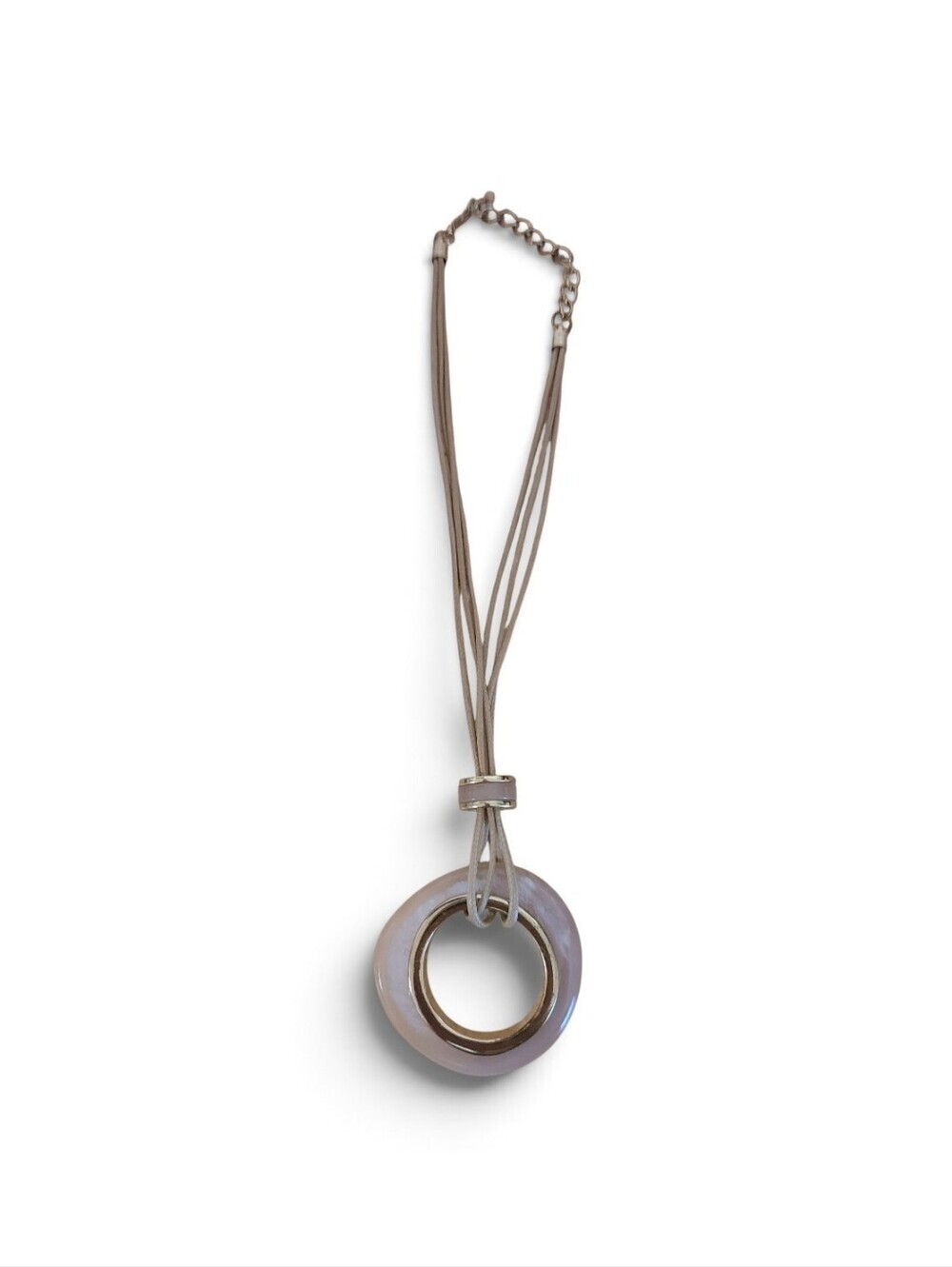 Vintage LiavSophia Beige Leather Cord Round Pendant Necklace in Taupe and Gold